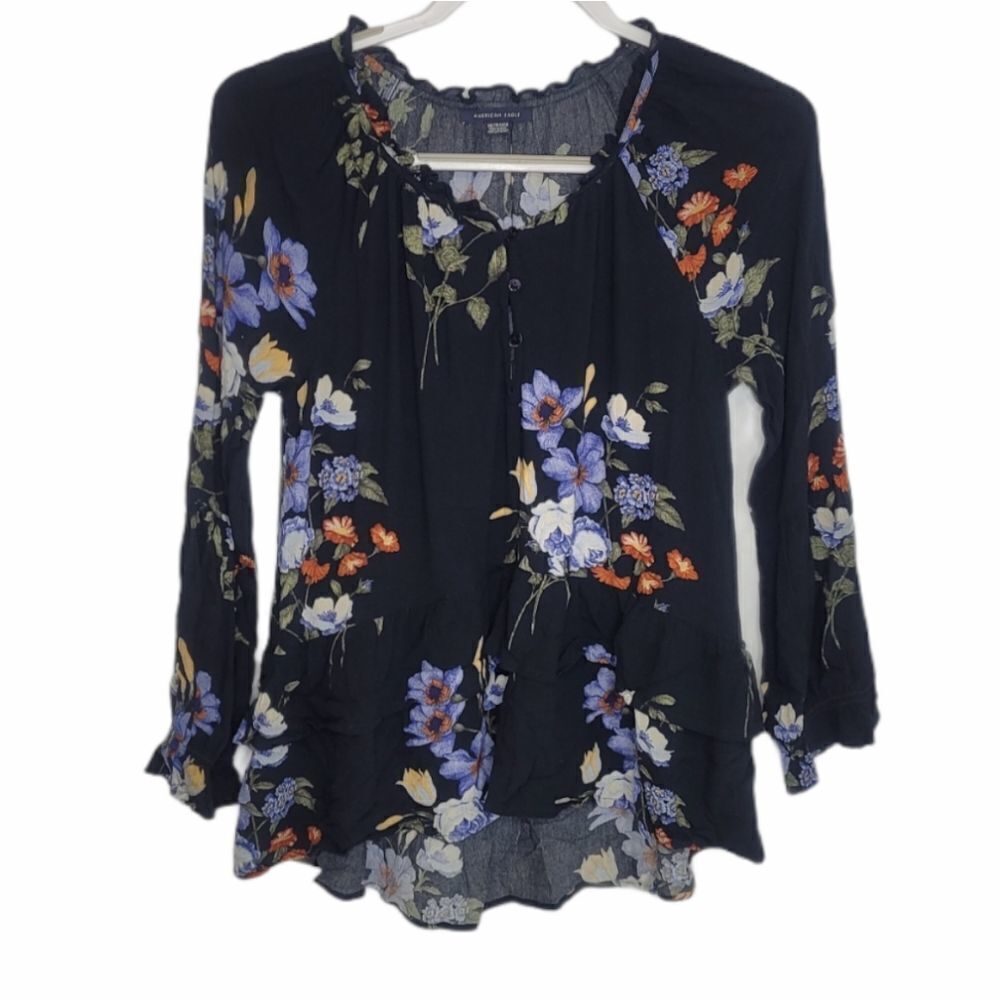 AMERICAN EAGLE blouse black top floral peasant ruffle shirt XS